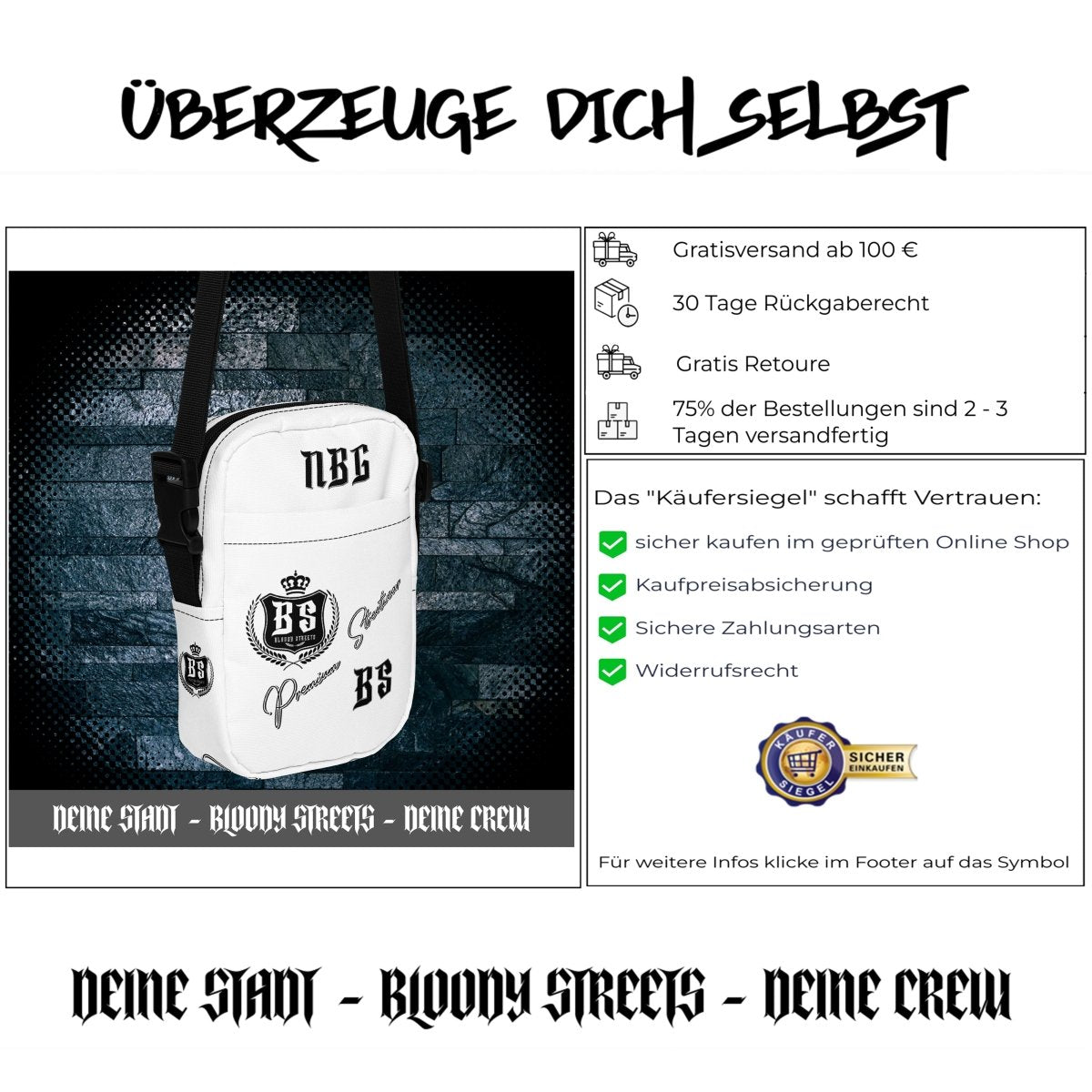 BS Classic Streetwear Umhängetasche - BLOODY - STREETS.DE Streetwear Herren und Damen Hoodies, T-Shirts, Pullis