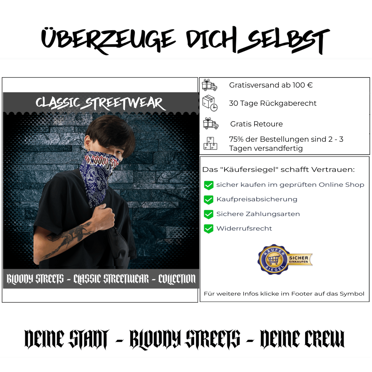 Classic Bandana Blue Bloody Streets Crew - BLOODY - STREETS.DE Streetwear Herren und Damen Hoodies, T-Shirts, Pullis