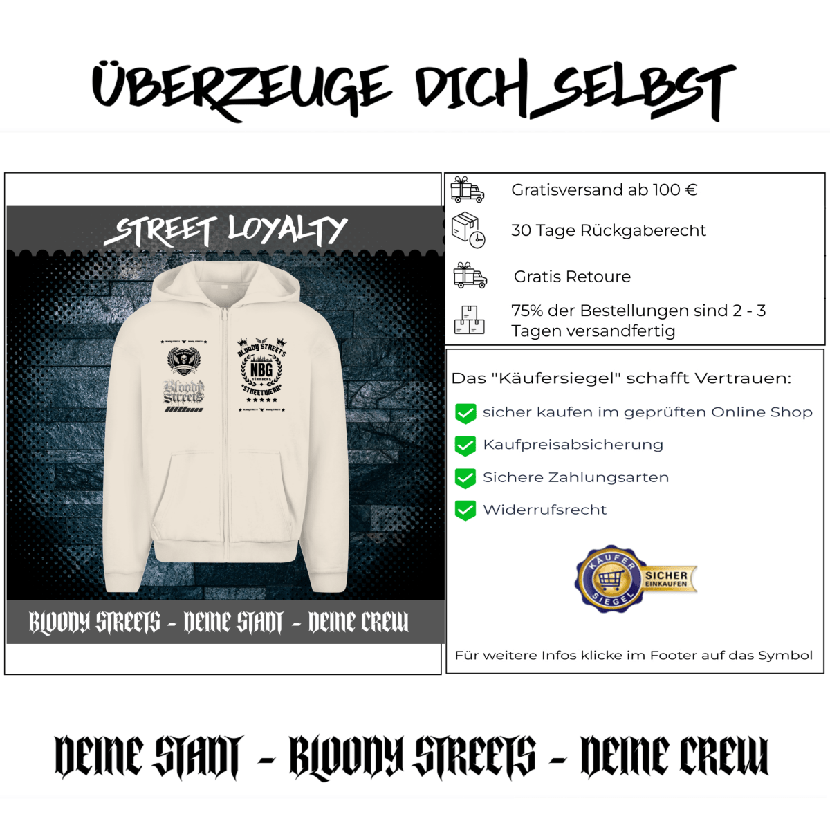 Herren Oversize Zipper Hoodie Dead Skull HOODIE beige - BLOODY - STREETS.DE Streetwear Herren und Damen Hoodies, T-Shirts, Pullis