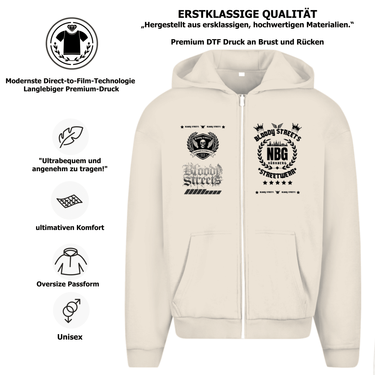 Herren Oversize Zipper Hoodie Dead Skull HOODIE beige - BLOODY - STREETS.DE Streetwear Herren und Damen Hoodies, T-Shirts, Pullis
