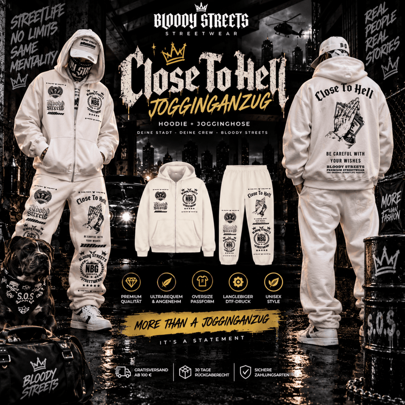Oversize „CLOSE TO HELL“ Streetwear Set – Hoodie + Jogger (Beige)
