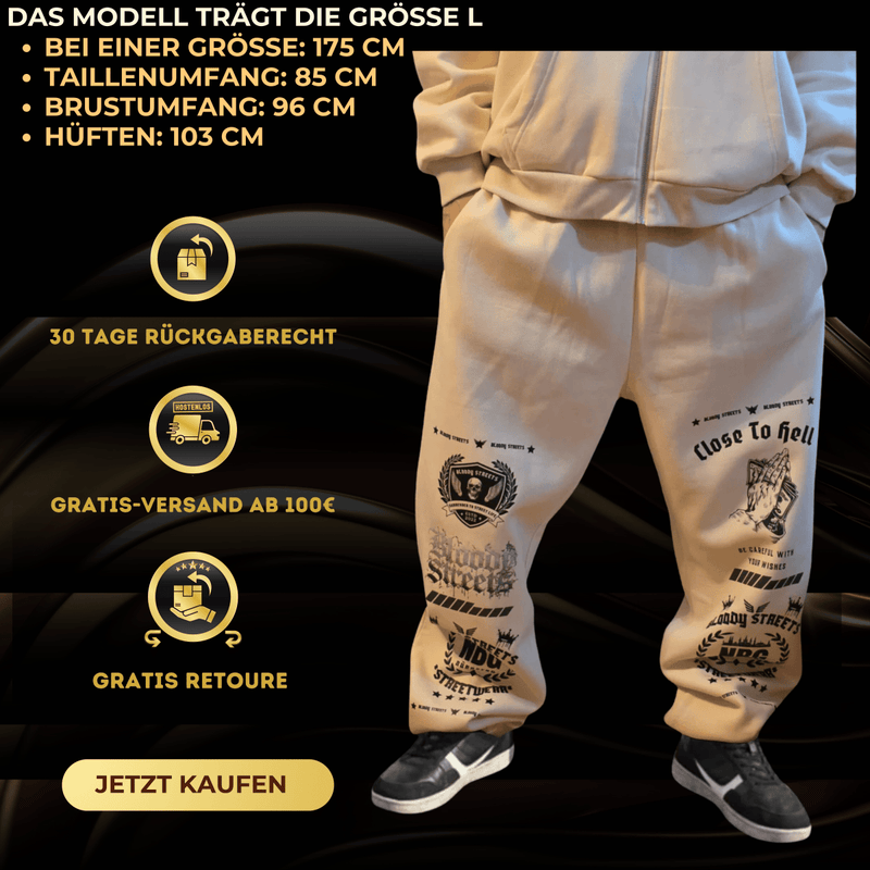 Oversize „CLOSE TO HELL“ Streetwear Set – Hoodie + Jogger (Beige) - BLOODY - STREETS.DE Streetwear Herren und Damen Hoodies, T-Shirts, Pullis