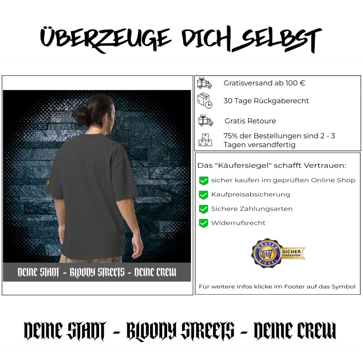 Oversized Streetwear T-Shirt BS - OUTSIDERS Vers. 2 mit verwaschenem Look - BLOODY - STREETS.DE Streetwear Herren und Damen Hoodies, T-Shirts, Pullis