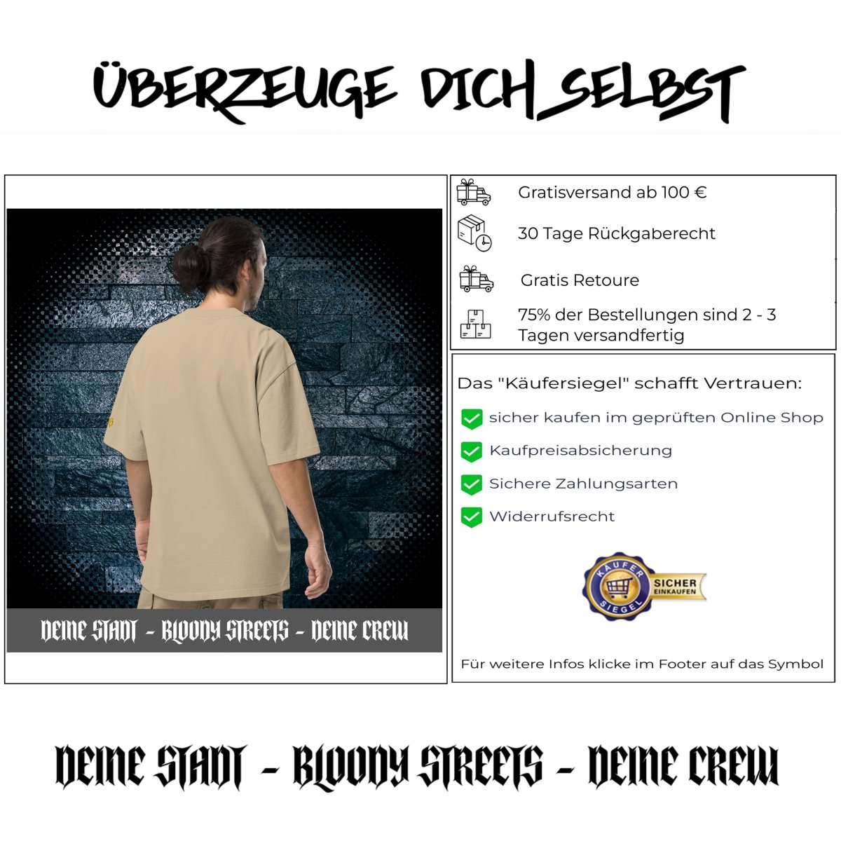 Oversized Streetwear T-Shirt BS - OUTSIDERS Vers. 2 mit verwaschenem Look - BLOODY - STREETS.DE Streetwear Herren und Damen Hoodies, T-Shirts, Pullis