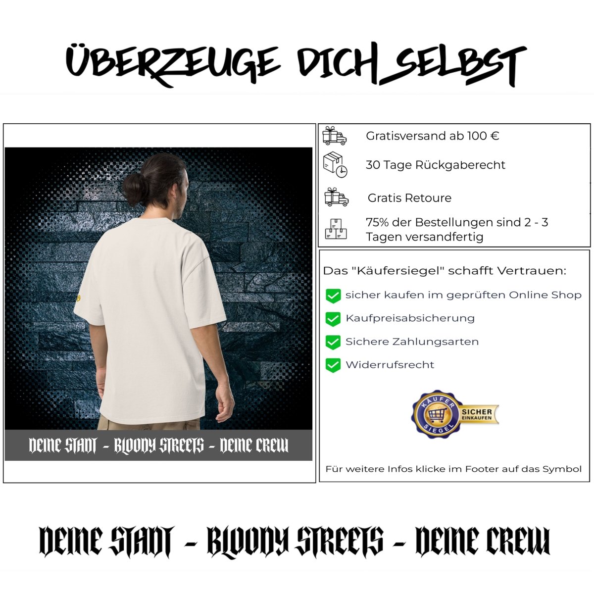 Oversized Streetwear T-Shirt BS - OUTSIDERS Vers. 2 mit verwaschenem Look - BLOODY - STREETS.DE Streetwear Herren und Damen Hoodies, T-Shirts, Pullis