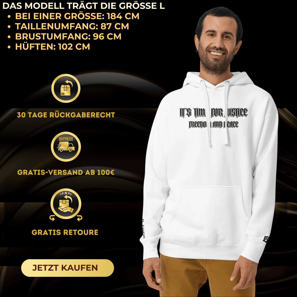 Streetwear Hoodie - IT'S TIME FOR JUSTICE - Stickerei Schrift - BLOODY - STREETS.DE Streetwear Herren und Damen Hoodies, T-Shirts, Pullis