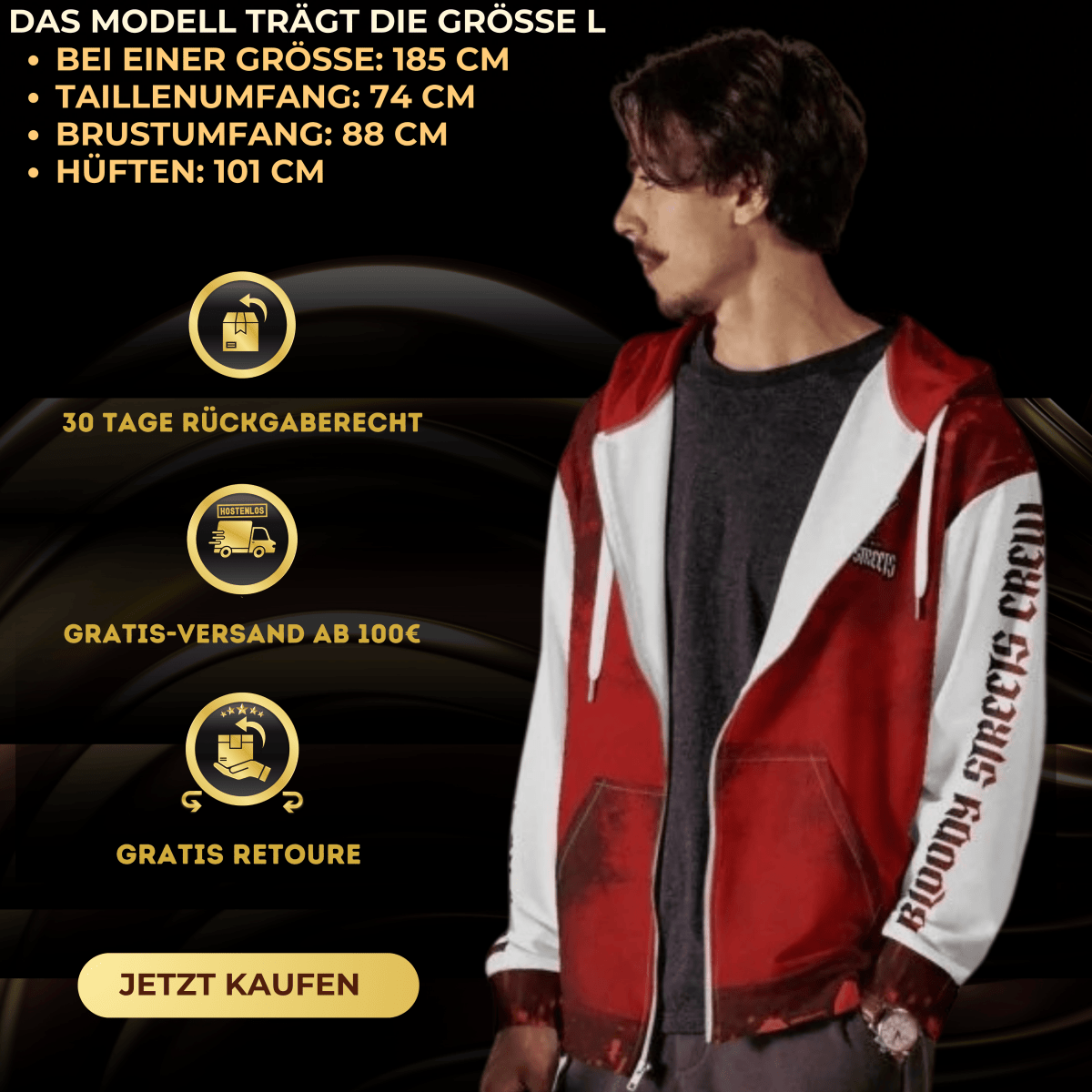 Streetwear Zip Hoodie BLOOD - LINE V1 - BLOODY - STREETS.DE Streetwear Herren und Damen Hoodies, T-Shirts, Pullis